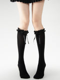 Black/Creamy Slimming White/White Calf Socks 40CM Trim Bow