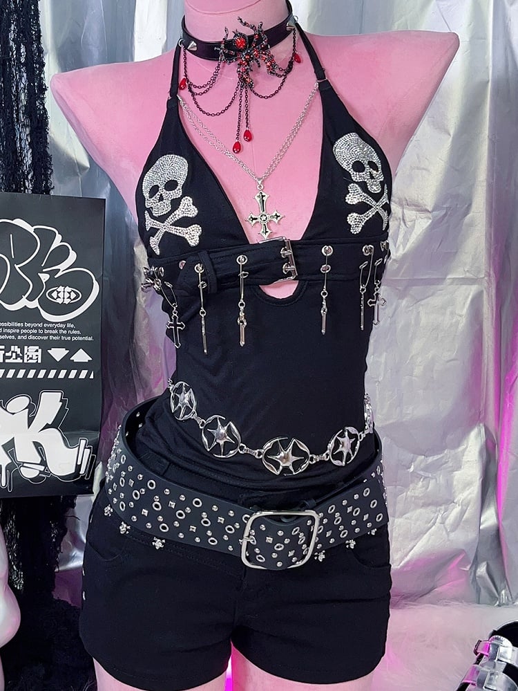 Waist Belt Rock Black Punk Studs Details