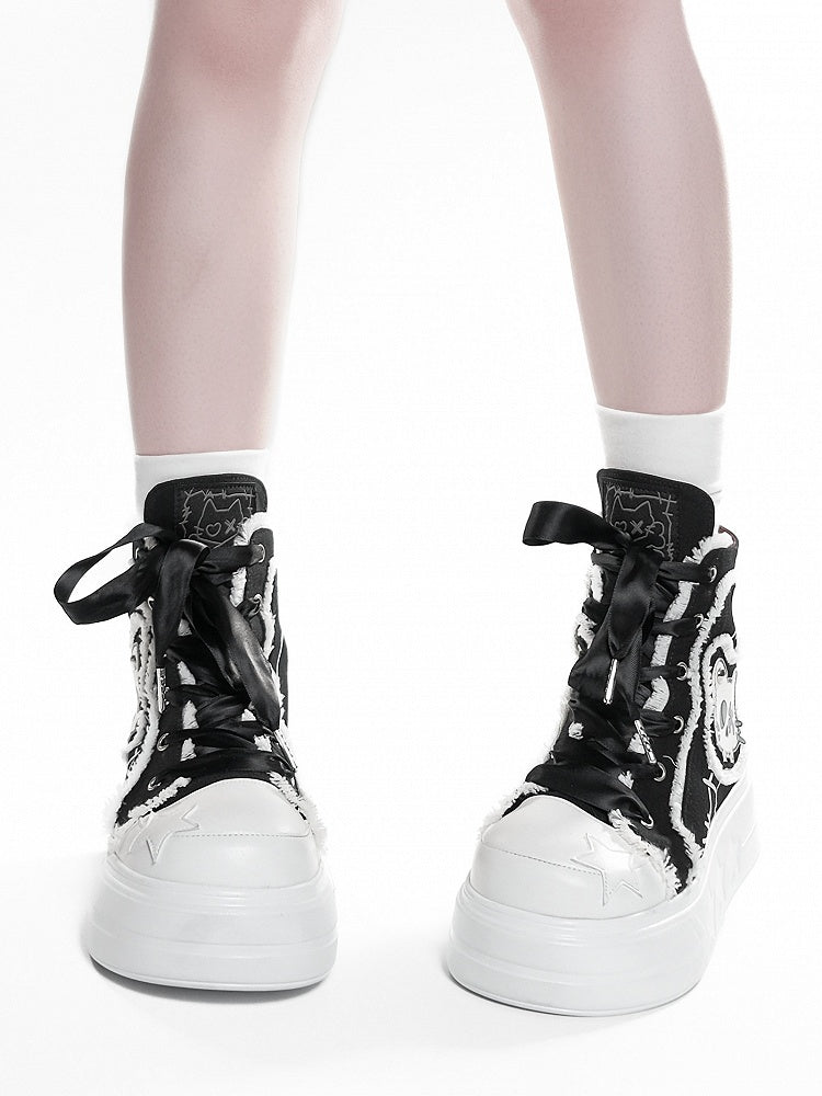 Black Platform Top High Otaku Patches Sneakers Cat - Canvas
