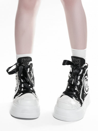 Black Platform Top High Otaku Patches Sneakers Cat - Canvas