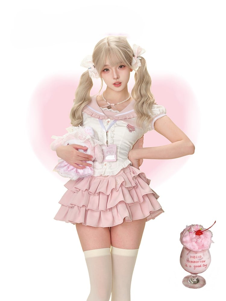 Blouse Sailor Button with Sleeve White Lace-Trimmed Placket Puff Collar