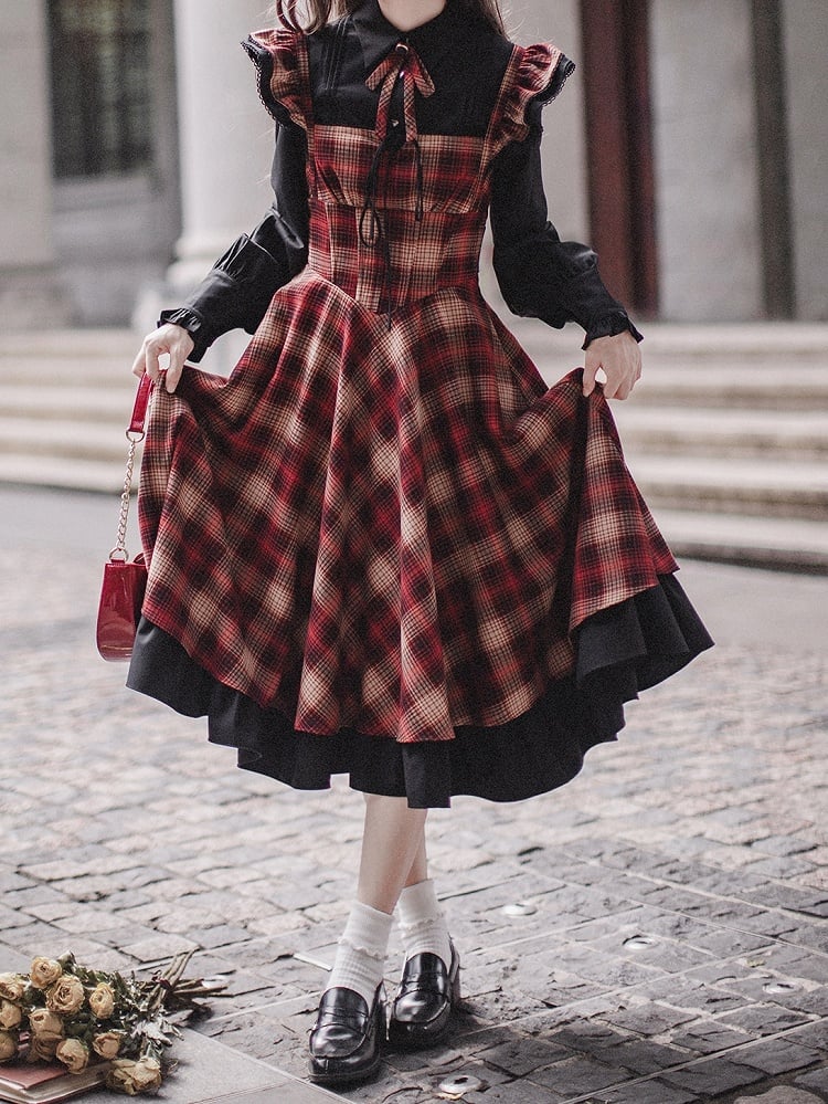 Pattern Plaid Waist Dress Red Basque