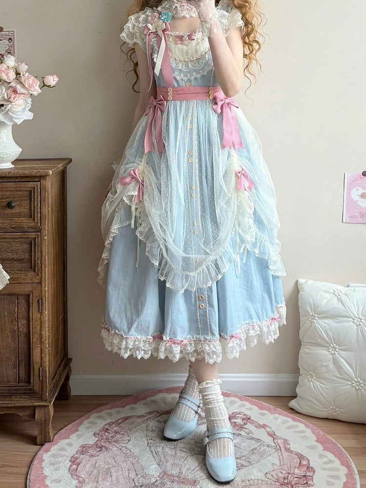Version Lolita Long Lace Classic with Elegant and Blue Dress Bow Details