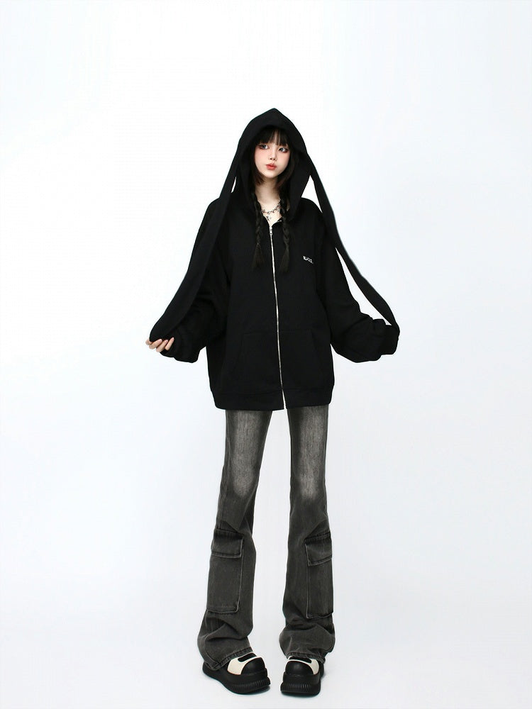 Black Longline Zip-Up Hoodie with Adorable Bunny Ear Accents