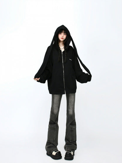Black Longline Zip-Up Hoodie with Adorable Bunny Ear Accents