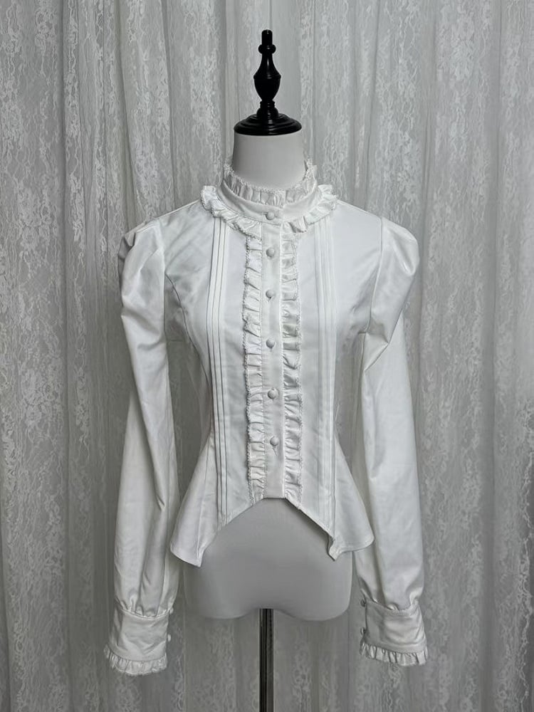 Lolita Blouse Neckline with Sleeves Ruffle Long Back Lacing White