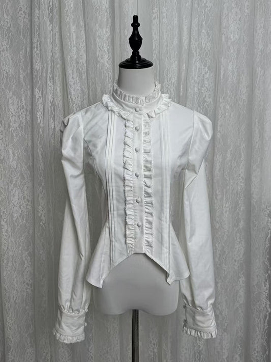 Lolita Blouse Neckline with Sleeves Ruffle Long Back Lacing White
