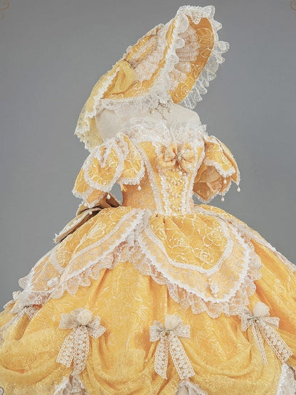 Hanayome Details Bow Yellow Layered Lace Gown and Ruffles Version with Short Lolita Hime Off-Shoulder