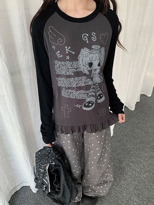 Girl Sleeve Cartoon Gray Pattern T-shirt Colorblock Long with Design