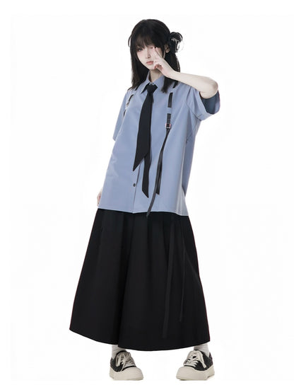 Stil Blau Preppy Krawatte Kurzarm Hemd mit Gratis