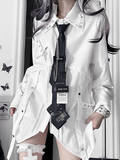 Studded Shirt Asymmetrical Punk Hem White with Collar Long-Sleeve