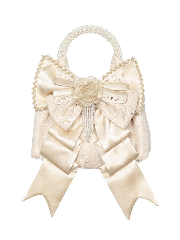 Cream Accent Satin with Bow Pearl Handbag Elegant Handle