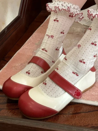 Sweet Flat Velcro Shoes Strap Bear Beige Details Lolita Red Closures