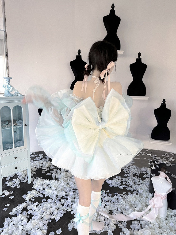 Grünes Mieder-Korsett-Oberteil mit Schleifenverzierung und bauschigem Rock, gelbes Balletcore-Set