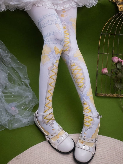 バタフライプリントのクリスクロスバンドタイツとアシンメトリーのピンク/ブルー/ブラック/イエロー/レッド