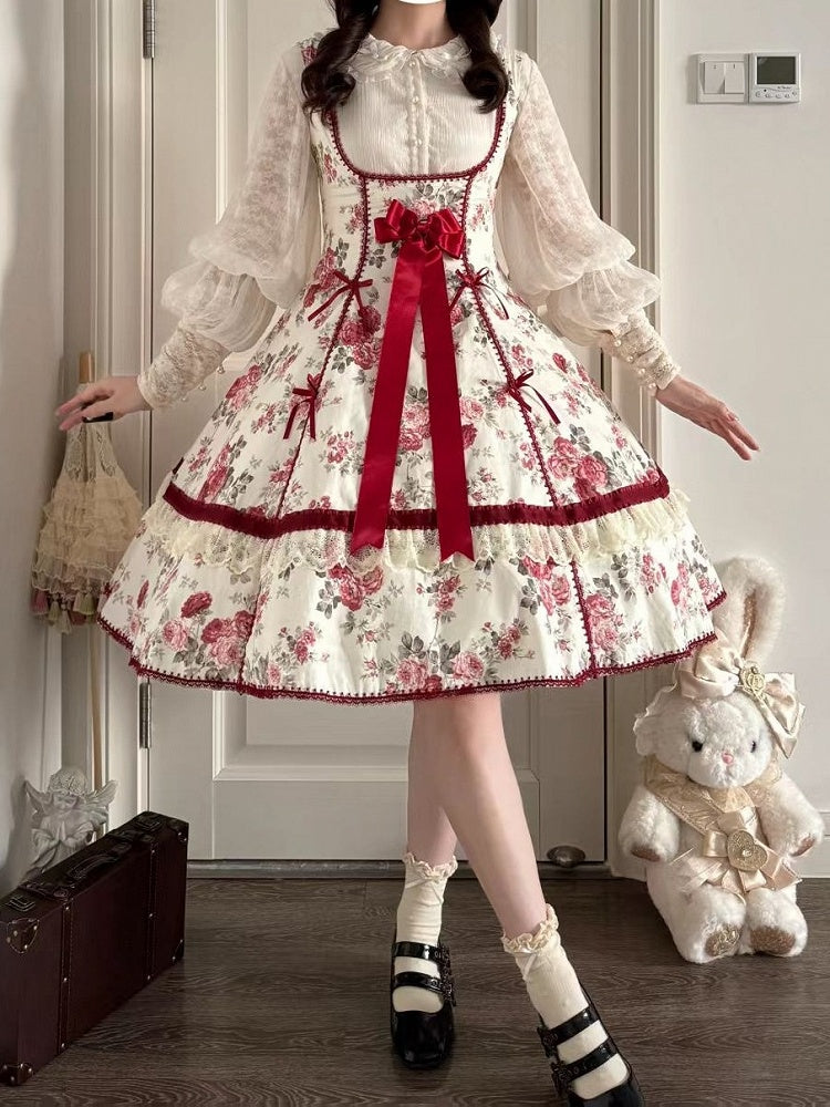 Old School Cotton Lolita JSK Gown with Floral Print & Lace Detailing - Qian Mu