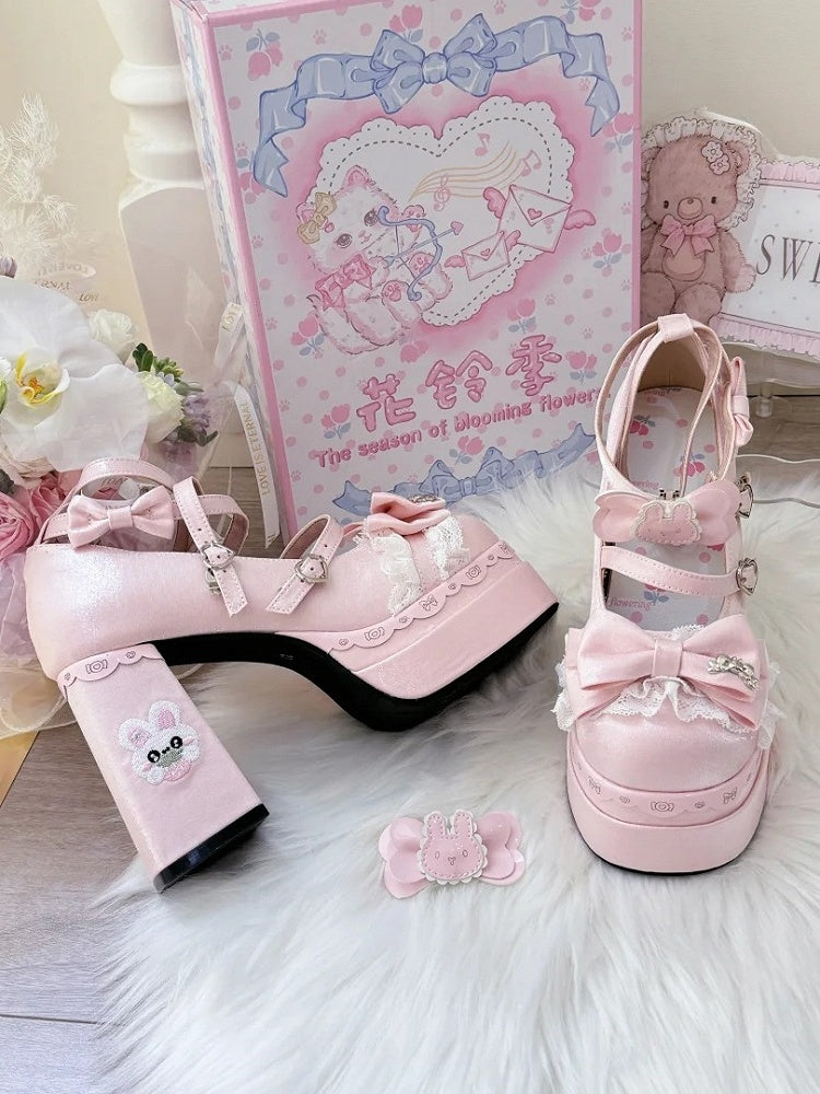 Pink with Lolita - Satin High Block Accents Sweet Bow Platforms Heel