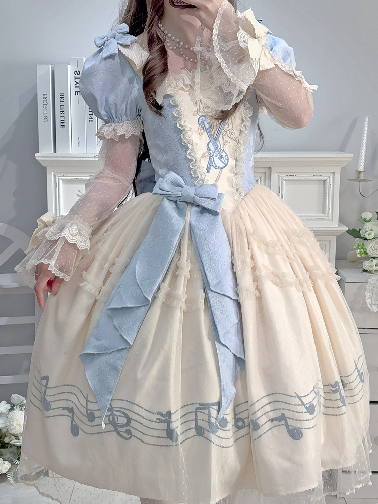 Lolita Blue Note Version Elegant Lace Dress Classic Musical Short Print Beige Violin Embroidery with