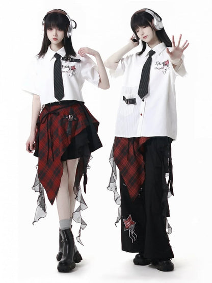 Version Black Buttons Red Long/Short Short Sleeves Shirt and Contrast Leather Buckle Strap White