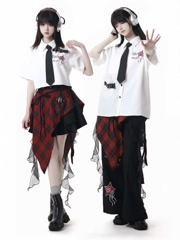 and Waist Accessory Handkerchief Hem Cascading Ruffles Black Plaid Red