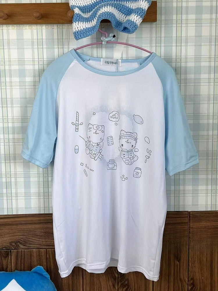 カイワイプリント ラウンドキティTシャツ 天使 ホワイトブルー ネック