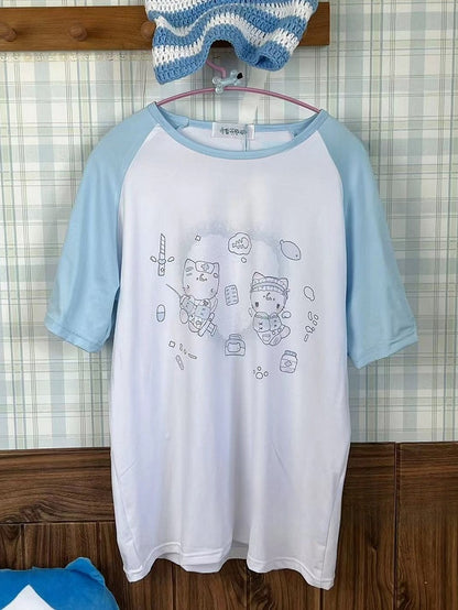 カイワイプリント ラウンドキティTシャツ 天使 ホワイトブルー ネック