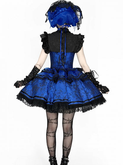 Gothic Lolita Boned Corset Top with Tiered Skirt and Collar in Klein Blue and Black - Somnium Isle