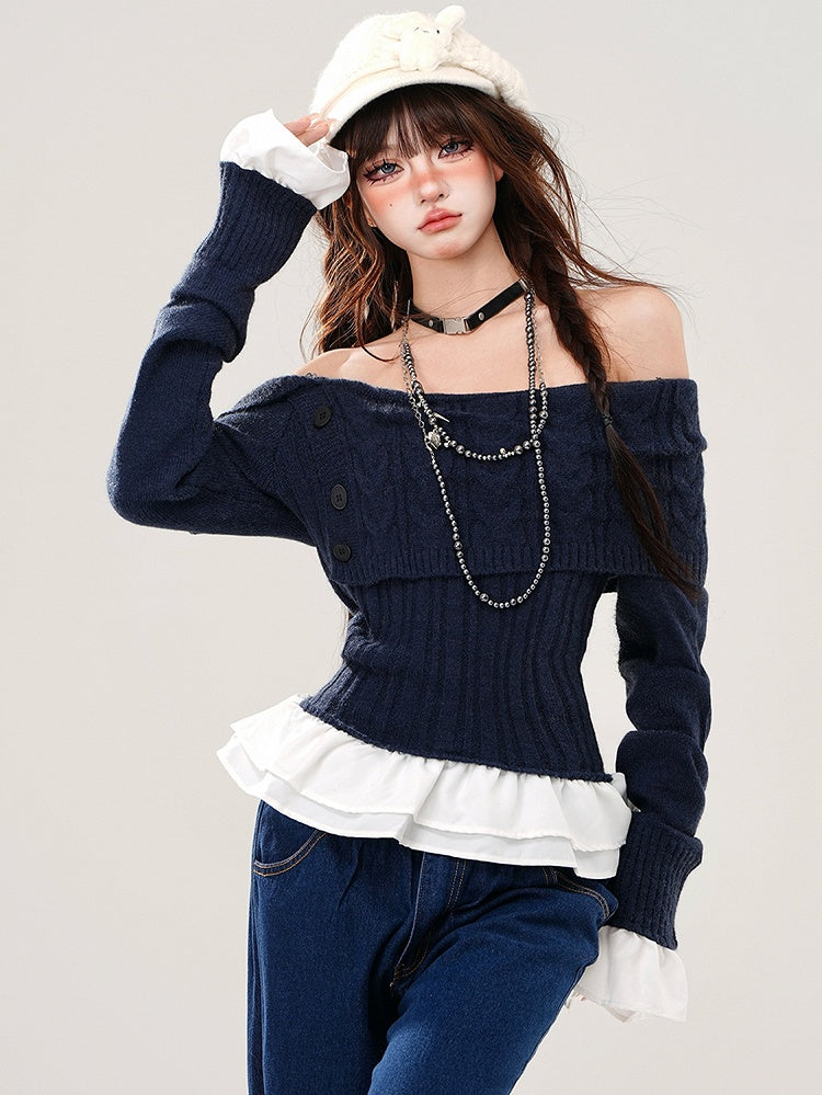 Grey/Navy Blue Off-the-shoulder Neckline Slim-fit Sweater Patchwork Hem and Cuffs