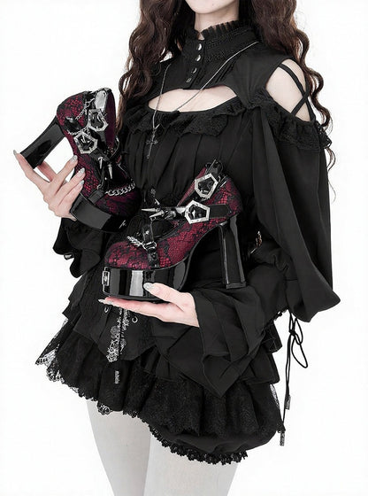Wine Red Gothic Round Toe 11.5CM High Heels with Black Lace, Spikes & Coffin Buckles - Transfer Student