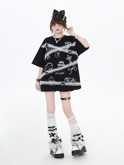 Lace Trim T-Shirt Neck Loose Black/White Cartoon Print Bittersweet Round