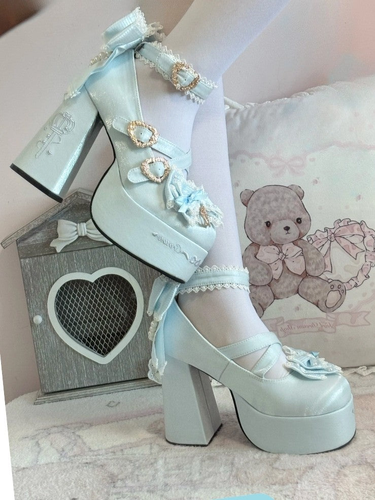 Platform Lolita Janes Satin Blue Crown Block Heel Details - High Sweet Mary