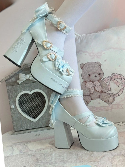 Platform Lolita Janes Satin Blue Crown Block Heel Details - High Sweet Mary