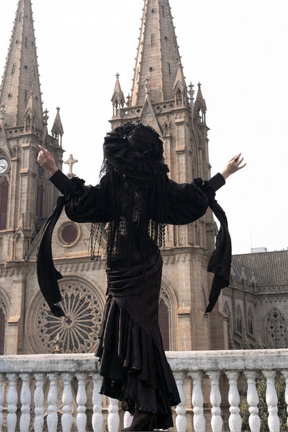 ゴシック アシンメトリー スカート ボーンウエスト コルセット カスケード ハイ ロリータ フラウンス マーメイド ヘム ブラック