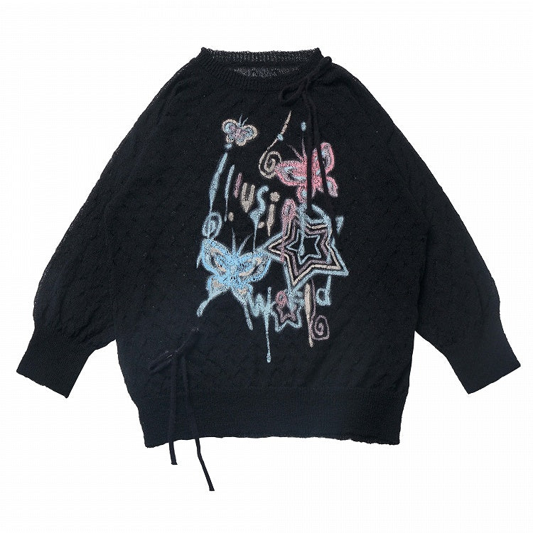 セミシアー バタフライ＆スターカラープリント サンプロテクショントップ マカロン ブラック/ホワイト