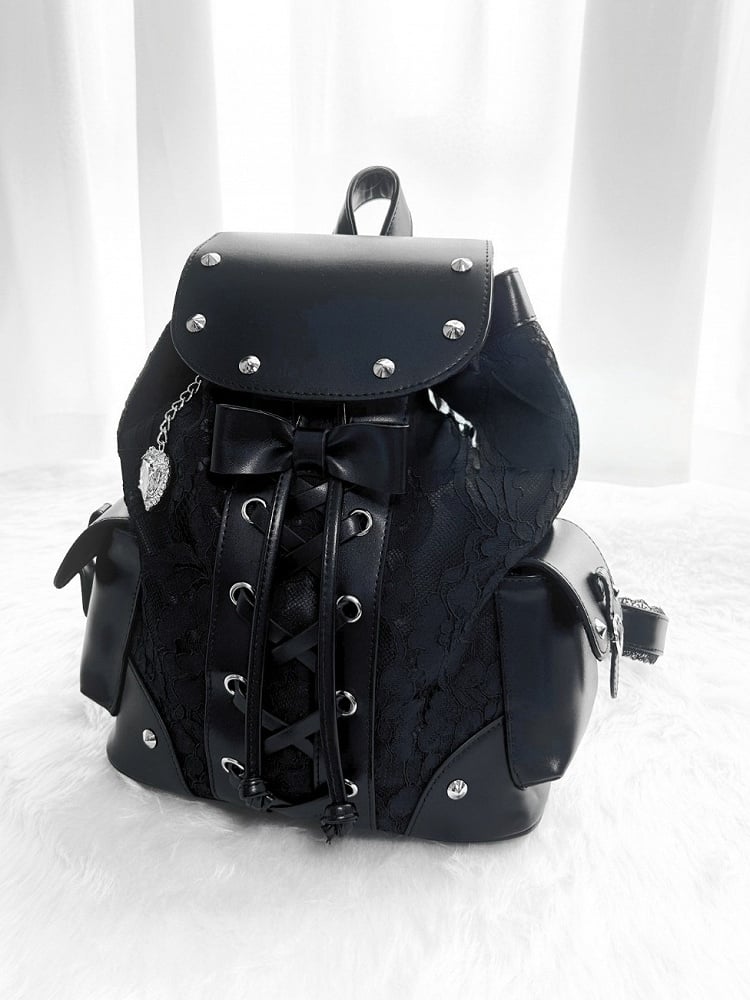 Jirai Kei Backpack with Heart Pendant, Lace Flap, Studs & Bowknot - Miao Lei Dian Bo