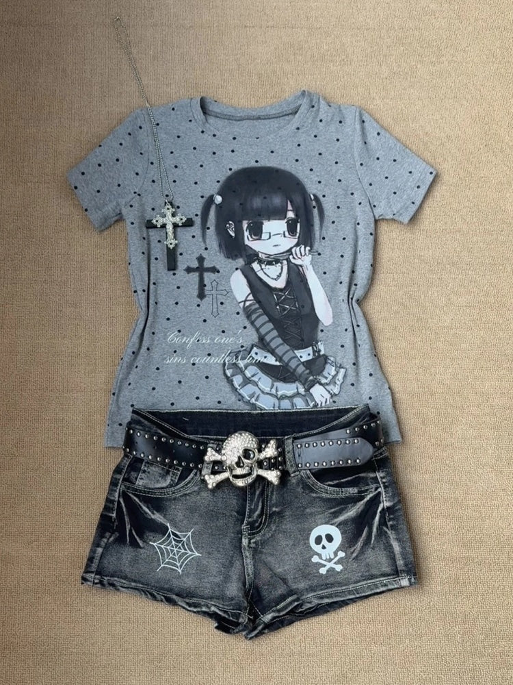 Polka T-Shirt Cartoon / with Print and Gray Cross White Dots