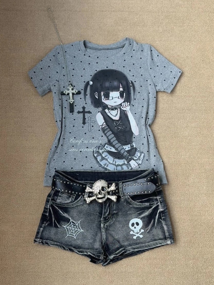 Polka T-Shirt Cartoon / with Print and Gray Cross White Dots