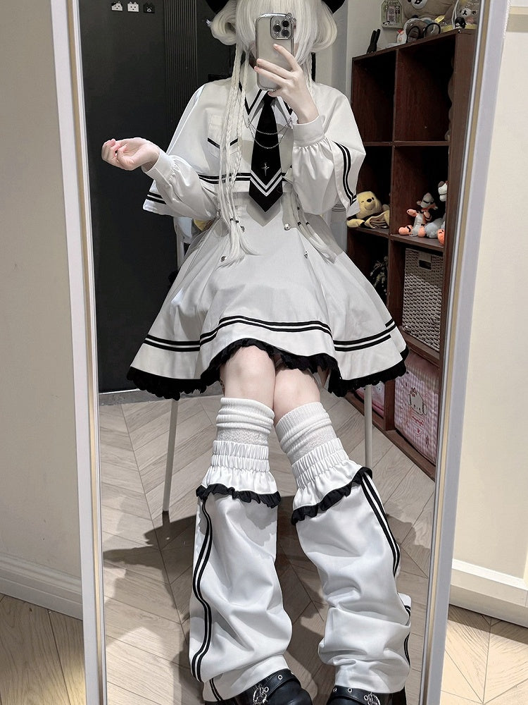 Warmers Dress Jirai 4-Piece Cape - Leg + Ruffled White Sailor-Collar Set Necktie Kei Long-Sleeve