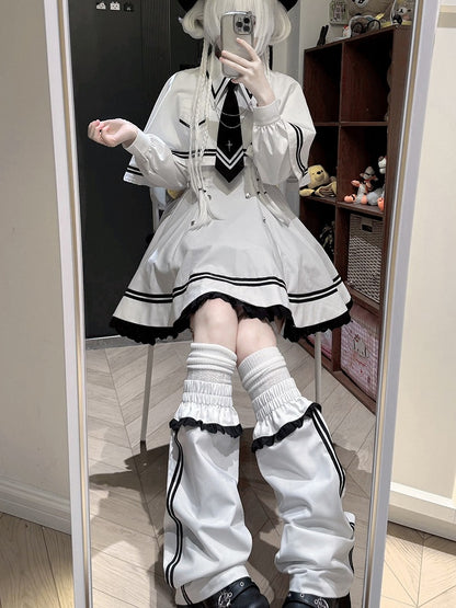 Warmers Dress Jirai 4-Piece Cape - Leg + Ruffled White Sailor-Collar Set Necktie Kei Long-Sleeve