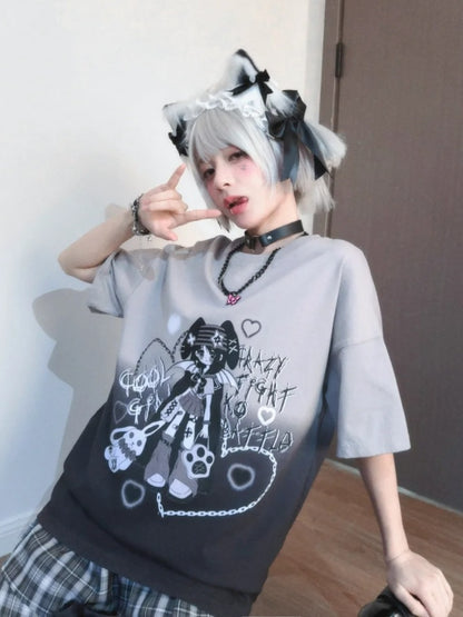 Mädchen Print Farbverlauf Schwarz T-Shirt Y2K Matrosenkragen Punk