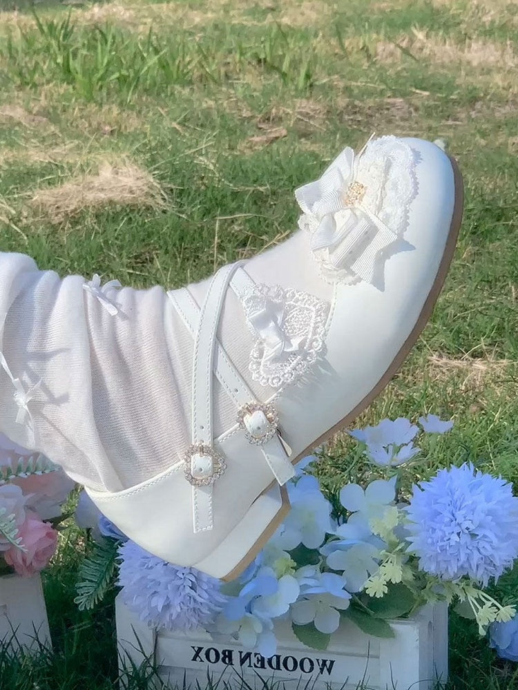 Sweet Mary Rhinestone Low-heel - Closure Heart White Janes