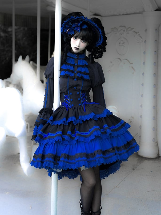 Mehrlagiger Lolita Gothic Blauer Taillenrock Hoher Schwarzer Klein und Korsett
