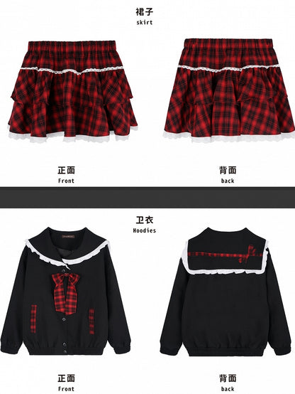 Y2K Black Sailor Collar Top with Red Plaid Tiered Skirt Set
