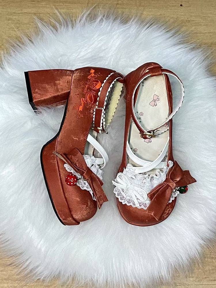 Sweet Strawberry Shoes High-heel Reddish Lolita Mary Jane Themed Details Bow with Brown Crisscross Design