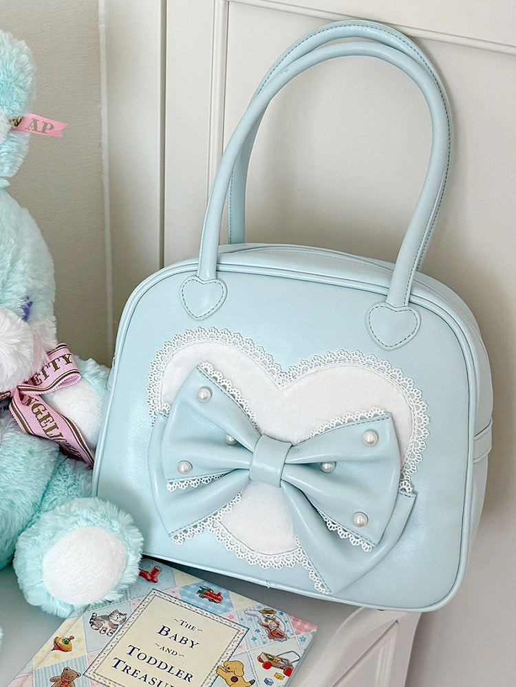 Herz Lolita Süße Hand Plüsch Verziert Bowknot Blau Perlen Tasche
