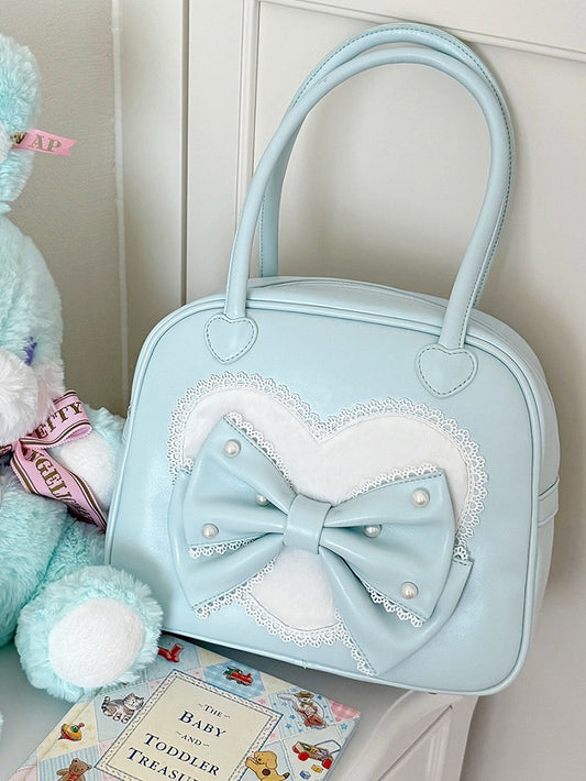 Heart Lolita Sweet Hand Plush Decorated Bowknot Blue Beaded Bag