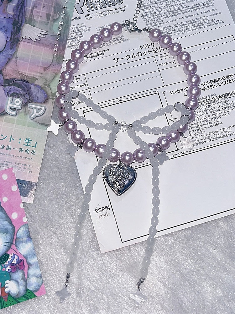 Bowknot Purple Design Beaded Y2K Pendant Heart Necklace