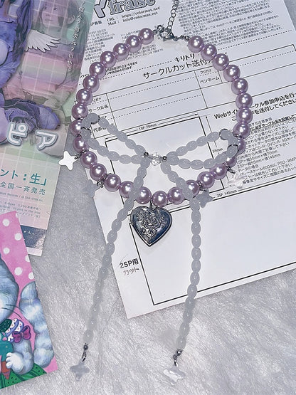 Bowknot Lila Design Perlen Y2K Anhänger Herz Halskette