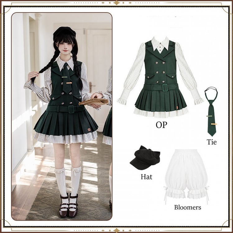 Style Tonal Green Bloomers Tie Two-pieces OP Preppy Hat Fake Lolita +