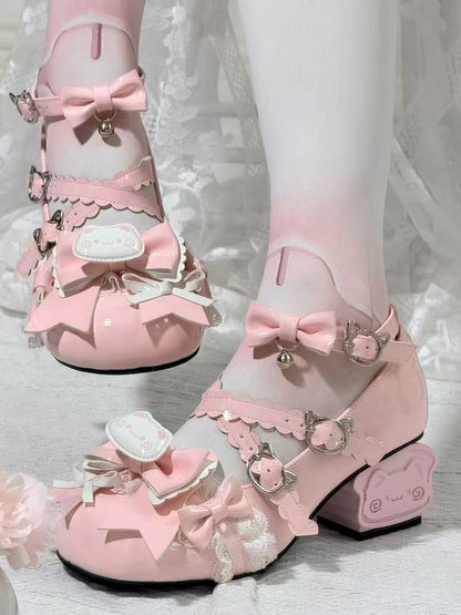 Mary Kitten - Sweet Hem Scalloped Pink Bow Lolita Janes Accents Heel Toast PU Crossed with Straps